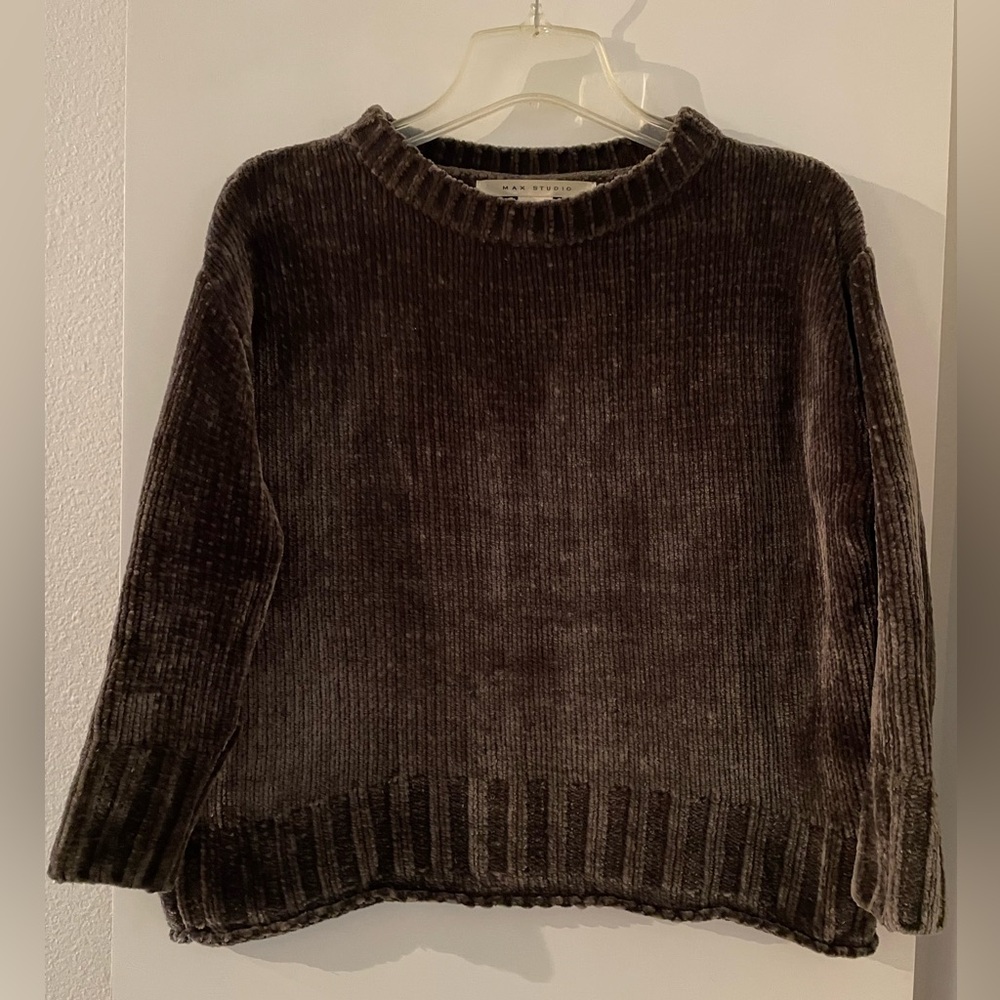 Max Studio Brown Chenille Crew Neck Sweater 3/4 Sleeve